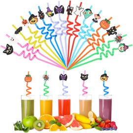 32 PCS Halloween Cartoon Themed Straws,Reusable Plastic Drinks Pumpkin Skull Ghost Witch Theme Drinking Straws with Cartoon Decoration for Kids Halloween Party Supplies,16 Styles