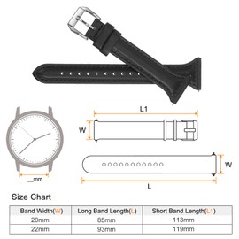 HARFINGTON Genuine Leather Watch Band 20mm Quick Release Elegant Slim Thin Top Grain Replacement Wristband Strap for Ladies/Children Watch & Smartwatch, Black/Silver Tone