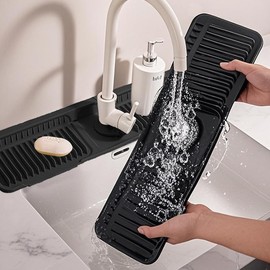 24 Inch Silicone Faucet Mat for Kitchen Sink Splash Guard Behind Faucet 6°Slope bathroom sink mat Sink Water Splash Guard Draining Mat Faucet Mat for Bathroom Sink with Swedish Dish Cloths-Black