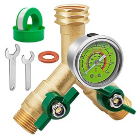 Brass Garden Hose Splitter Full Flow, Hose Splitter 2 Way Heavy Duty, Large Rotate Grip Handles Hose Y Splitter with Shutoff, Garden Hose Splitter with 0-200 PSI Pressure Gauge, 3/4" GHT Threads