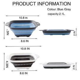 Fglmctsh Collapsible Colander Set, Square Round Triangles Silicone Kitchen Strainer Perfect for Draining Pasta Vegetable fruit 2 PCS (10.8"L x 8.6"W x 2"H, Blue & Gray)