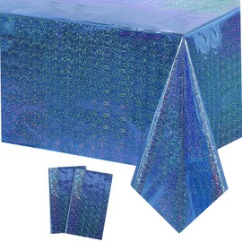COSORO 2pcs Blue Holographic Tablecloth Party,137x274cm Large Plastic Holographic Table Cover Shiny Metallic Tablecloth Blue Party for Christmas,Picnic,Birthday,Xmas Party Table Decorations