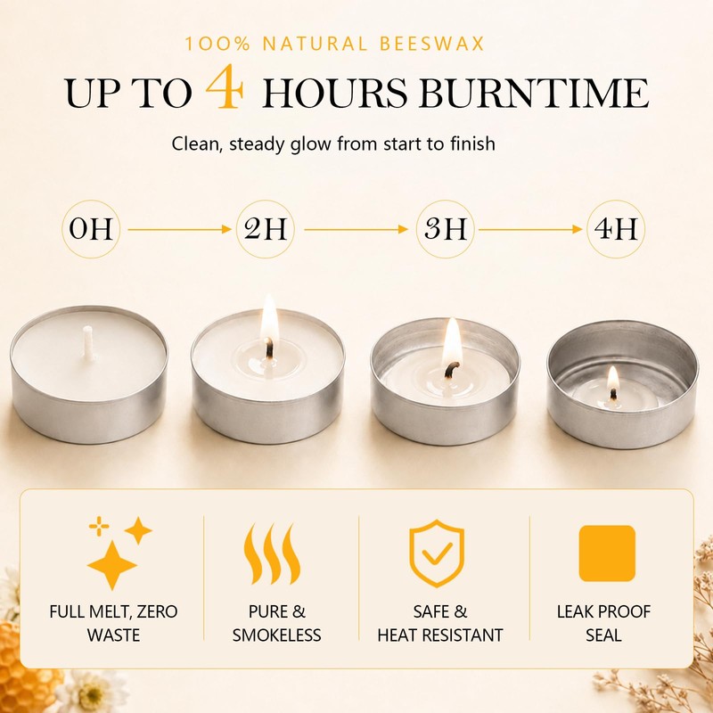 48 Pack White Natural Beeswax Tealight Candles Aluminum Cups 4-5