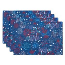 4th of July Placemats Set of 4 Patriotic Red and Blue Fireworks Washable Non-Slip Heat Resistant Place Mats 12x18 Inch Memorial Day Independence Day Table Mats