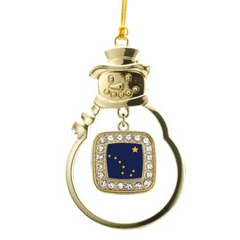 Inspired Silver - Alaska Flag - Gold Christmas Ornament - Square Charm Christmas Tree Ornament with Cubic Zirconia - Snowman Hanging Decoration