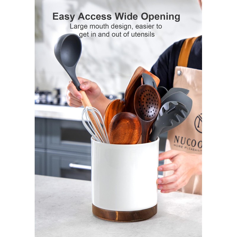 Nucookery 360° Rotating Utensil Holder, 7.2" Large Utensil Crock, White