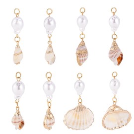 PH PandaHall 8Pcs 4 Styles Natural Spiral Shell Pendants with Pearls Shell Charms Ocean Beach Charms Pearl Charms with Open Jump Rings for Summer Earrings Necklace Jewellery Crafts 1.77~1.97"