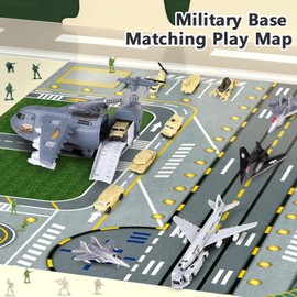 Military Transport Cargo Airplane Cars Toy with Vehicle Soldier Helicopter Combat Toy,Aircraft Model Toys Playset with Figures,Mini Fighting Vehicle Army Men Base Play Map for Kids Boys Girls Age 3+