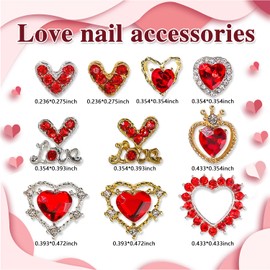 WOKOTO 20pcs 3D Hearts Nail Charms for Acrylic Nails 3D Gold and Silver Alloy Nail Charms Red Heart Rhinestone Crystals Gems for Nail Art 3D Hearts for Women Girls Valentines Day Nails Designs Charms