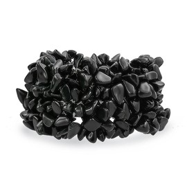 Black Onyx Chip Stone Wide Chunky Cluster Multi Strand Stretch Statement Bracelet for Women