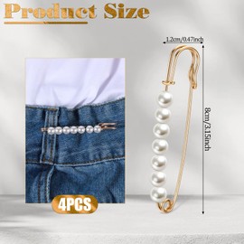 4 Pcs Safety Pin Brooch Faux Pearl Brooch Pins Decorative Pearl Pants Clips Tighten Waist Pins Large Shawl Pins for Women Clothing Dress Pants Skirt Accessories Waist Extender Decorative Pins (Gold)