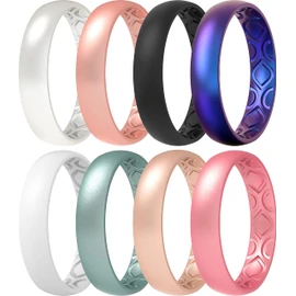 ThunderFit - Alianza de boda de silicona para mujer, transpirable, con ranuras de aireación, 4 mm de ancho, 1.5 mm de grosor, 12 anillos/8 anillos/4 anillos/1 anillo, Perla, negro, blanco, oro rosa, oro rosa claro, azul metálico, rosa metálico, Galaxy, 1