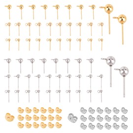 SUNNYCLUE 1 Box 60 Pieces 6 Styles Ball Stud Earrings Stainless Steel Post Round Ball Metal Stud Earrings Hypoallergenic with Loop Ear Nuts for Men Women Styling Dangle Findings Golden