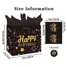 Black Birthday Bag with Tissue Paper and Greeting Card, 13'x10.2'x4.9', Medium (1-Piece Set, Black Starry Sky, Unisex, Includes Card, Ribbon, Crinkle Paper)