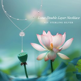 Lotus Lariat Necklace for Women S925 Sterling Silver Yoga Flower Double Choker Y Layered Long Chain Necklace Birthday Valentine's Day Gifts for Yoga Lotus Lover Ladies Mother Wife