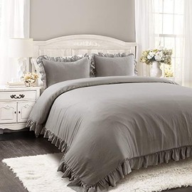 Lush Decor Reyna Comforter Ruffled 3 Piece Bedding Set with Pillow Shams, Full Queen, Gray