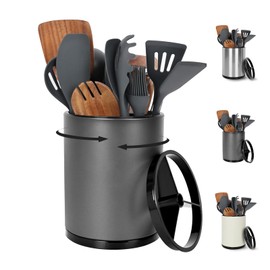 Nigelia Extra Large Kitchen Utensil Holder - 360° Rotating Stainless Steel Cooking Utensil Holder for Countertop, 3 Compartment Flatware Organizer & Utensil Caddy with Removable Base（Grey）