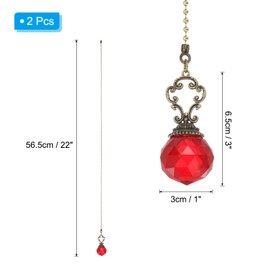 PATIKIL 22" Ceiling Fan Pull Chain, 2 Pcs Crystal Pull Chain Fan Connector Vintage Ceiling Fan Ornament Fan Chains Extender for Ceiling Light Lamp Fans, Red (Crystal Prism Ball)