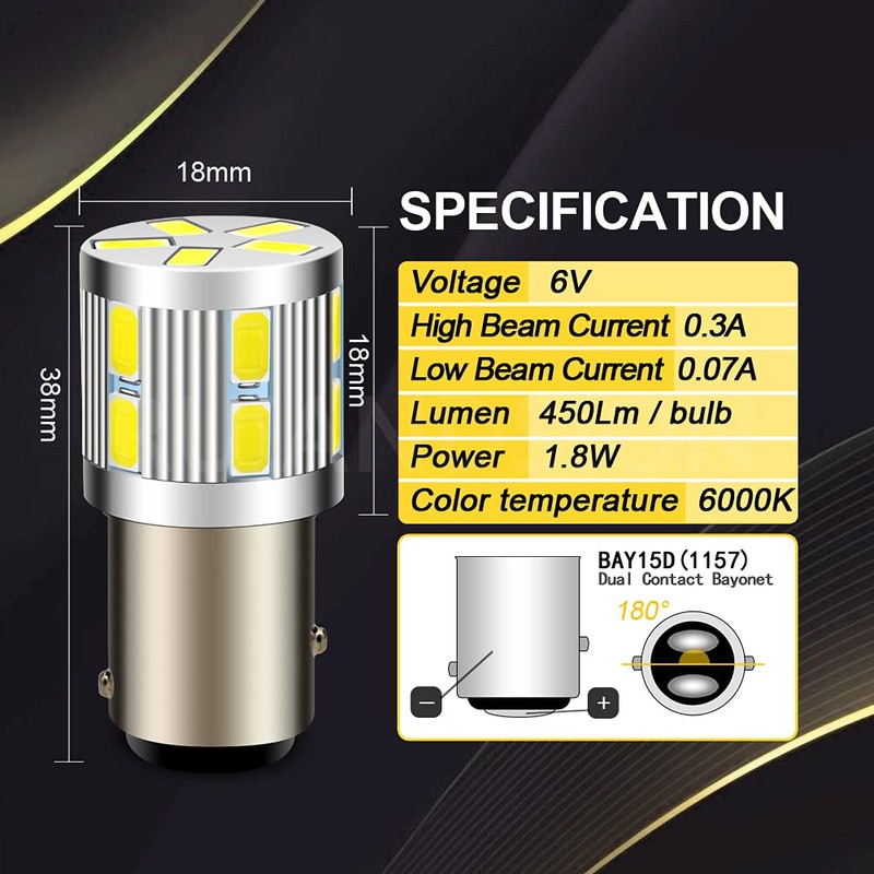 Ruiandsion 2pcs 1157 LED Light Bulbs White BAY15D 6V 17SMD