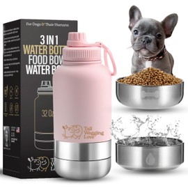 Tail Wagging Love 32oz 3-in-1 Travel Water Bottle for Dogs & Humans, Dual Use, Stainless Steel, Keeps Water Hot 6hrs/Cold 12hrs, Leak-Proof with Detachable Food & Water Bowls, Perfect for Travel