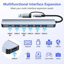 USB C Hub 7 in-1, USB-C Multiport Adapter, Type C Hub with (1*USB 3.0, 4*USB 2.0, 1*USB-C Charging, 1*USB-C Data Port) Type-c Hub for MacBook,Laptop,iMac,i-Pad,Printer, Flash Drive