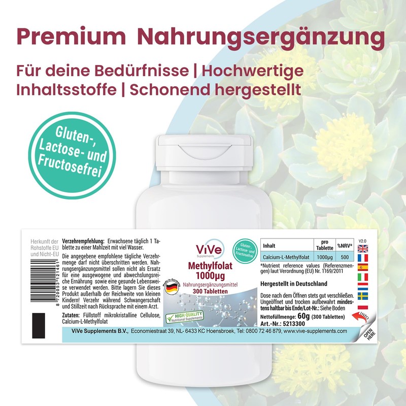 Methylfolate 1000μg - 300 Tablets - Easy to Swallow -