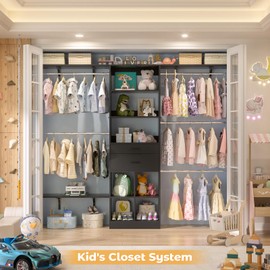 Besiost Closet System - 4.75-8FT Closet Organizer System with Wooden Drawers & Cube Storage Organizer, Up To 96" Closet Systems for Nursery & Walk-In Closets with Cuttable Hanging Shelvings, Black