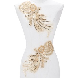 HOBBIESAY 2Pcs Gold Embroidery Sequin Applique Lace Fabric Appliques Sewing Craft Decoration Appliques Polyester Repair Patch for Wedding Dress Gown Bodice Costume Clothing Craft DIY