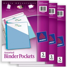 Avery Binder Pockets, Assorted Colors, 8.5" x 11", Acid-Free, Durable, 15 Total Slash Jackets, 3 Packs (75254)