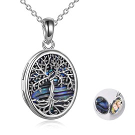 YAFEINI Sterling Silver Tree of Life Locket Necklace, Mother of Pearl / Abalone Shell Pendant Jewellery Photo Pictures Locket Necklace for Women, Metal, Not known.