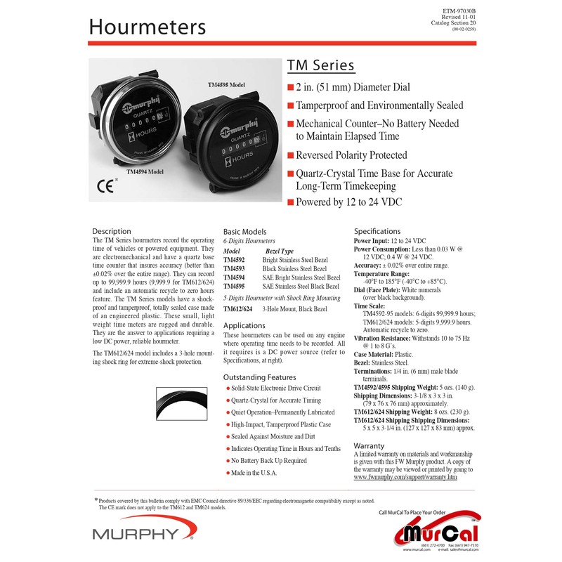 Murphy by Enovation Controls TM4592 Hourmeter (20700192)
