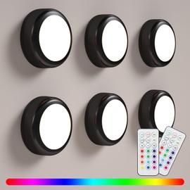 BESTDLCLITE LED Puck Lights with Remote, 13-Color Under Cabinet Lighting Wireless, Battery Operated Stick-On Lights, Dimmable Push Light for Closet/Shelf/Wall (Black-6 Pack)