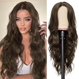 Creamily Long Wavy Brown Wigs for Women Middle Part Wavy Curly Wig Glueless Natural Looking Synthetic Brown Hair Wigs for Daily Party Use 26"