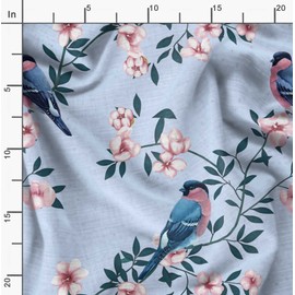 Soimoi Blue Heavy Canvas Fabric Peach Floral & American Robin Bird Print Upholstery Fabric, Fabric for Home Accents Sewing Fabric BTY 58 Inch Wide