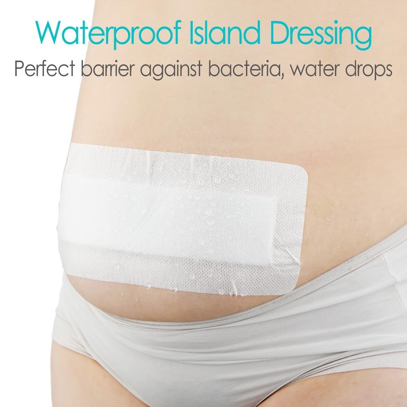 10 Pcs Water-Resistant C-Section 4"x12" Adhesive Island Bandage, Long Tummy