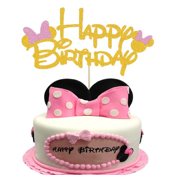 Decoración para tarta de cumpleaños de Minnie dorada con pajarita con purpurina de ratón, primer cumpleaños, dos, tres, cinco y seis años de edad, temática de Minnie para niños y niñas