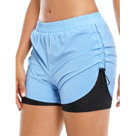 Cestyle Pantalones cortos deportivos 2 en 1 para mujer, con cordón lateral, con bolsillos, secado rápido, Azul claro, M