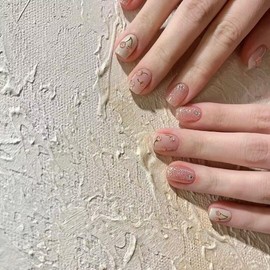 Handmade Nail Tip Short Coffin 3D Fashionable Nail Popular Japanese Simple Pink Cherry 10 Pieces False Nails with Storage Box, S