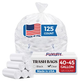 Fuxury 40-45 Gallon Trash Bags Medium Duty, 125 Count Garbage Bags, 40 x 48" Extra Large Clear Can Liners, 0.6 Mil Plastic Bags for Serious Garbage Cleanup, Made in USA