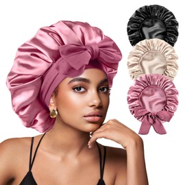 Yanideer 3 pcs Silk Bonnet for Sleeping Double Layer Satin Lined Hair Satin Bonnet with Tie Band for Black Women Curly Hair