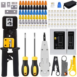 LEATBUY Cat5 Cat5e Cat6 Crimp Tool Kit RJ45 Crimping Tool, 50PCS RJ45 Cat6 Pass Through Connectors, 50PCS Covers, Network Cable Tester, Wire Punch Down Cutter(BLACK)