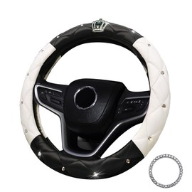 coofig Lenkradbezug Glitzer Universal Lenkradhülle Leder Universal 38cm/15 Inch Strass Lenkrad Bezug Atmungsaktive Steering Wheel Cover Auto Zubehör Innenraum Frauen (Schwarz Weiß)