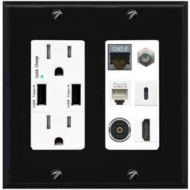 RiteAV Cat7 Coax HDMI Phone Toslink USB-C Wall Plate - USB Charger Outlet [Black/White]
