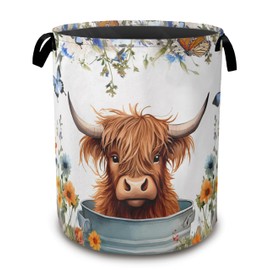 Highland Cow Laundry Hamper,Collapsible Laundry Baskets,Butterfly Flowers Dirty Clothes Baskets with Handles,Oxford Cloth Hamper for Bedroom,Bathroom,College Dorms, 16"x20"