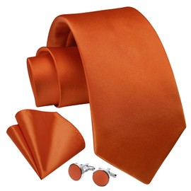 Enlision Mens Burnt Orange Tie and Pocket Square Cufflinks Set For Wedding Party Solid Color Necktie Handkerchief for Men Formal Business