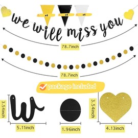 Glitter We Will Miss You Banner+2m Paper Gold Black Circle Dots Hanging Garland Kit+1 Pack Triangle Flag Bunting Going Away Farewell Banner for Women Man Retirement Party Decoration Home Indoors