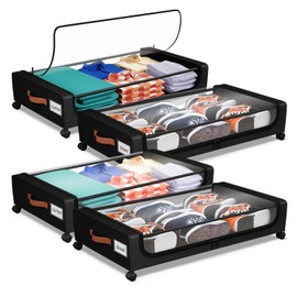Futego Under Bed Storage with Wheels, 50L Large Capacity UnderBed Storage Containers with Clear Lid and Handles, Under the Bed Storage Bins Drawers for Clothes,Blankets,Shoes,Books (BLACK, 4 PACK)