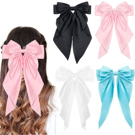SALOCY Satin Hair Bows, 4 PCS Large Hair Bows Big Ribbon Bows Hair Clip Hair Accessories for Women Girls (Black,White,Light Pink,Light Blue)