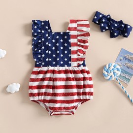 Amnnchya Baby Girl 4th of July Outfit Newborn Stars Stripes Romper Sleeveless Bodysuit Infant Fourth of July Clothes (Red Blue, 0-6 Months)