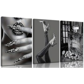 Modern Fashion Woman Canvas Wall Art Black and white stylish wall decor pictures High Heels Lipstick Perfume Painting Artwork Luxurious Shiny Prints for Bathroom Bedroom Office Decoration 16x24IN
